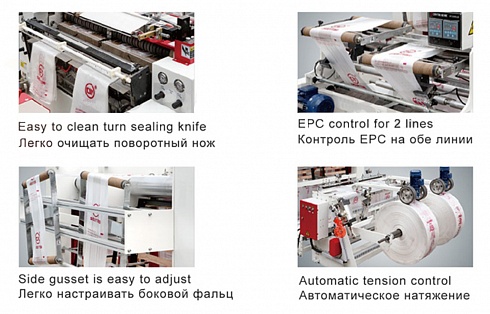 Двух/трех-поточная машина для производства пакетов "Майка" + устройство бокового фальца CW-300V2+GS